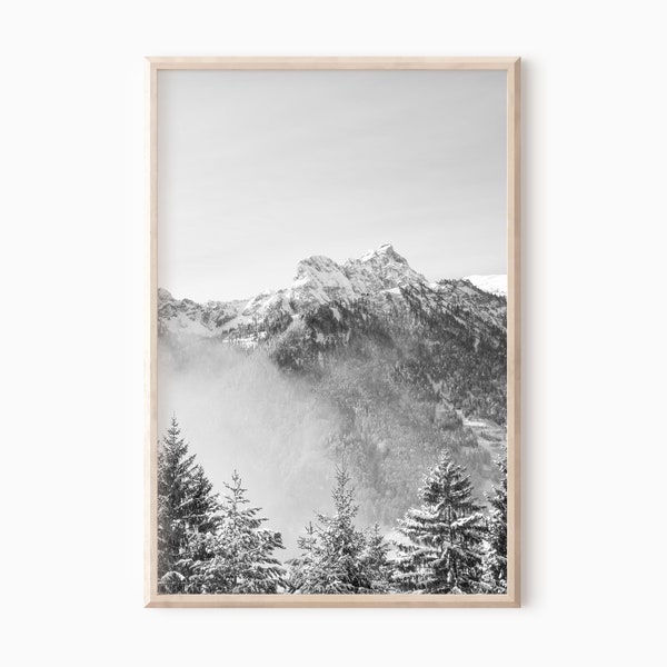 Impression de forêt de montagne | Impression nordique noir et blanc imprimable en téléchargement numérique #0004bw