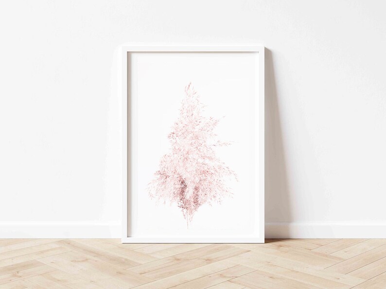 Puede incluir: Una impresi&oacute;n enmarcada en blanco de una ilustraci&oacute;n de hierba de pampa rosa sobre un fondo blanco.