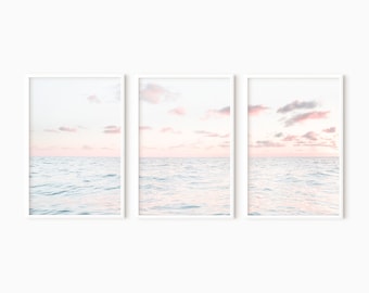 Set Of 3 Ocean Print | Ocean Photography | 3 Piece Wall Art | Pink Sunset Wall Art - PRINTABLE PRINT SET   #1032