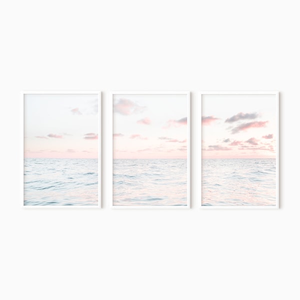 Set Of 3 Ocean Print | Ocean Photography | 3 Piece Wall Art | Pink Sunset Wall Art - PRINTABLE PRINT SET   #1032