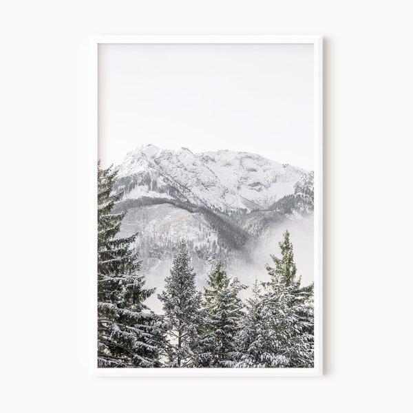 Snowy Mountain Print | Green Pine Forest | Mountain Wall Art Digital Download | Foggy Mountain | Nordic Forest | Winter Wall Art   #1105