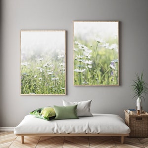 May include: Two framed prints of a field of white daisies with a soft, blurred background. The prints are hung on a light gray wall above a white couch with green pillows.