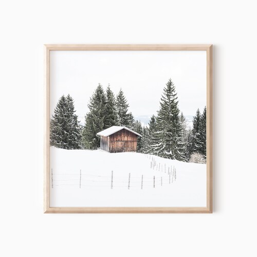 Snowy Cabin in Woods Winter Wall Art Christmas Gift Square Etsy