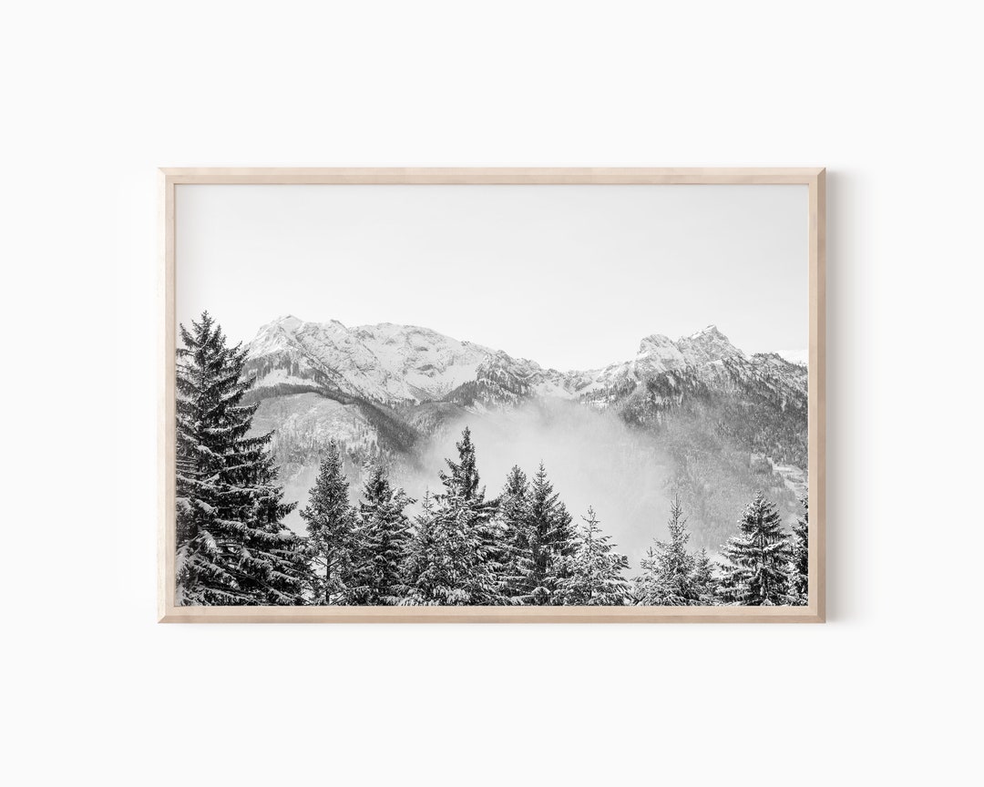Snowy Mountain Wall Art | Printable Black and White Mountain Print ...