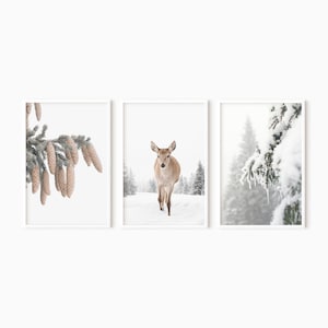 Snowy Forest Set Of 3 Winter Wall Art Prints | Digital Christmas Gallery Wall Set | Woodland Reindeer Printable Wall Art  #1415