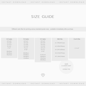 May include: A size guide for printable posters with different aspect ratios, including 4:5, 3:4, 2:3, ISO, and 11x14. The guide lists various sizes in inches and centimeters, including 24x30, 16x20, 12x15, 8x10, 4x5, 40x50cm, 20x38cm, 20x25cm, 24x32, 18x24, 15x20, 12x16, 9x12, 6x8, 60x80cm, 45x60cm, 30x40cm, 15x20cm, 24x36, 20x30, 16x24, 12x18, 10x15, 8x12, 4x6, 61x91cm, 40x60cm, 30x45cm, 20x30cm, A1 594x841mm, A2 420x594mm, A3 297x420mm, A4 210x297mm, A5 148x210mm, and 11x14. The guide also includes a message that reads "need a custom size? contact me".