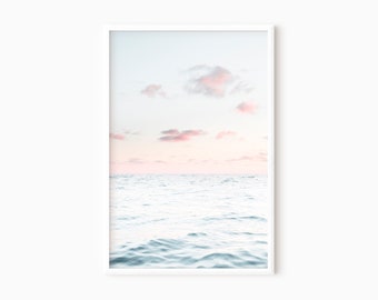 Beach Sunset Wall Art | Pink Ocean Print | Sunrise Photo | Pastel Ocean | Downloadable Clouds | Pink Art #1030