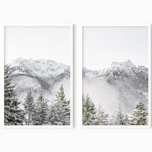 Mountain Print Set Of 2 | Snowy Mountain Wall Art | Printable Mountain And Forest | Instant Download     #0744