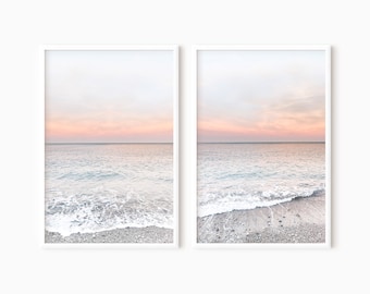 Pink Ocean Wall Art | Coastal Print Set | Set Of 2 Ocean Print | Beach Photography | Ocean Waves | Pink Sunset | Sea Wall Art   #0390