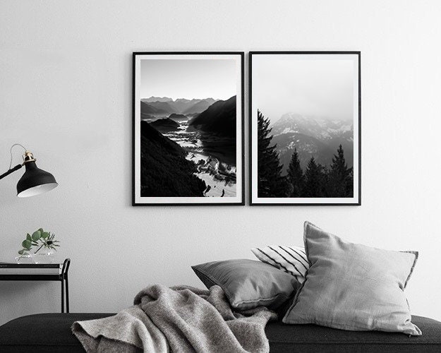 Set of Two Black and White Mountain Print Forest Print 2 Piece | Etsy