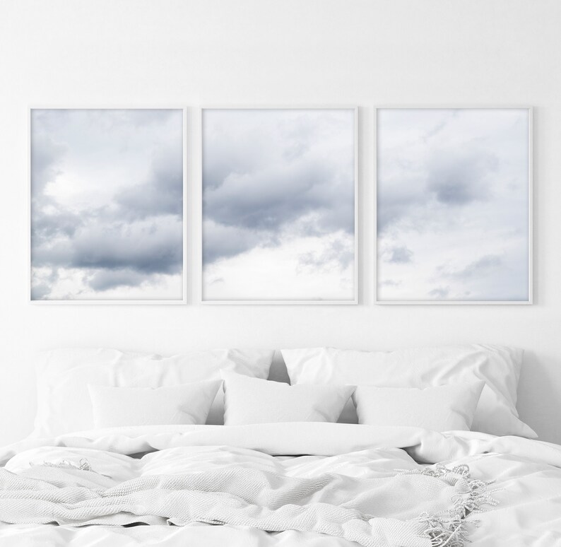 Cloud Art Print Set of 3 Light Blue Wall Art Above Bed | Etsy