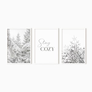 K&ouml;nnte beinhalten: Ein Set aus drei Schwarzwei&szlig;drucken mit schneebedeckten Kiefern und dem Text "Stay Cozy".