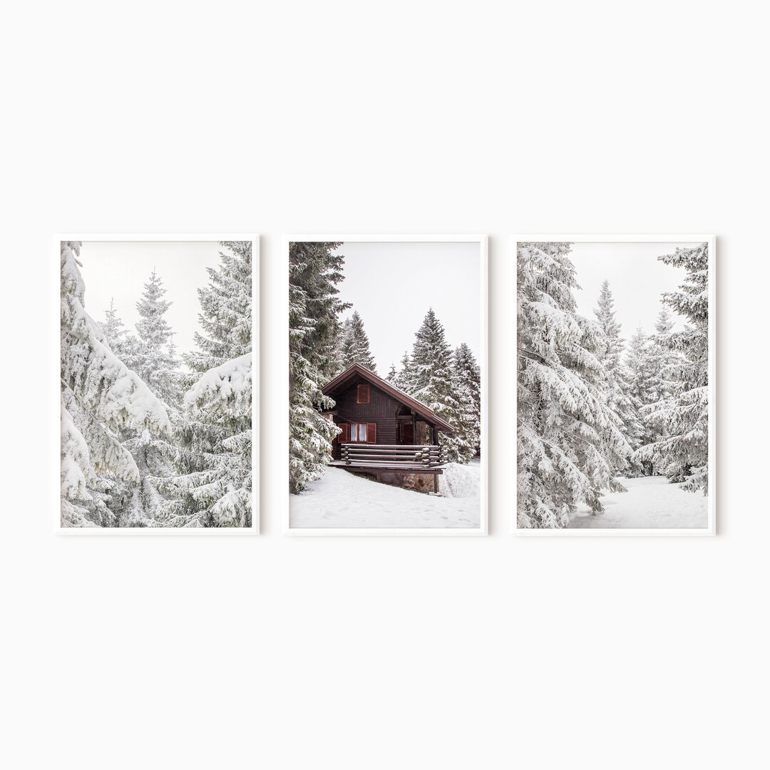 Set of 3 Winter Prints | Snowy Forest Trees Printable Log Cabin Print ...