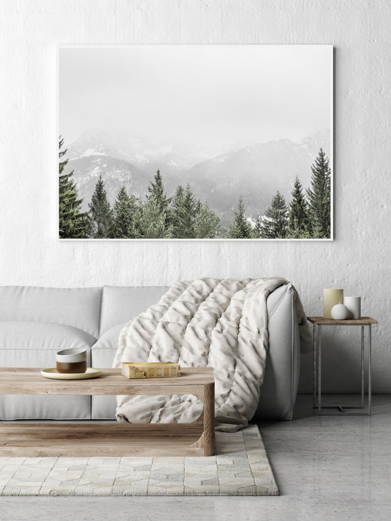 May include: A black and white photograph of a mountain range with a line of evergreen trees in the foreground. The mountains are covered in snow and the sky is cloudy.