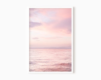 Ocean Sunset Print | Ocean Photography | Pink Clouds | Sunset Wall Art | Blush Pink Beach | Pastel Ocean Print | Horizon Print #0598