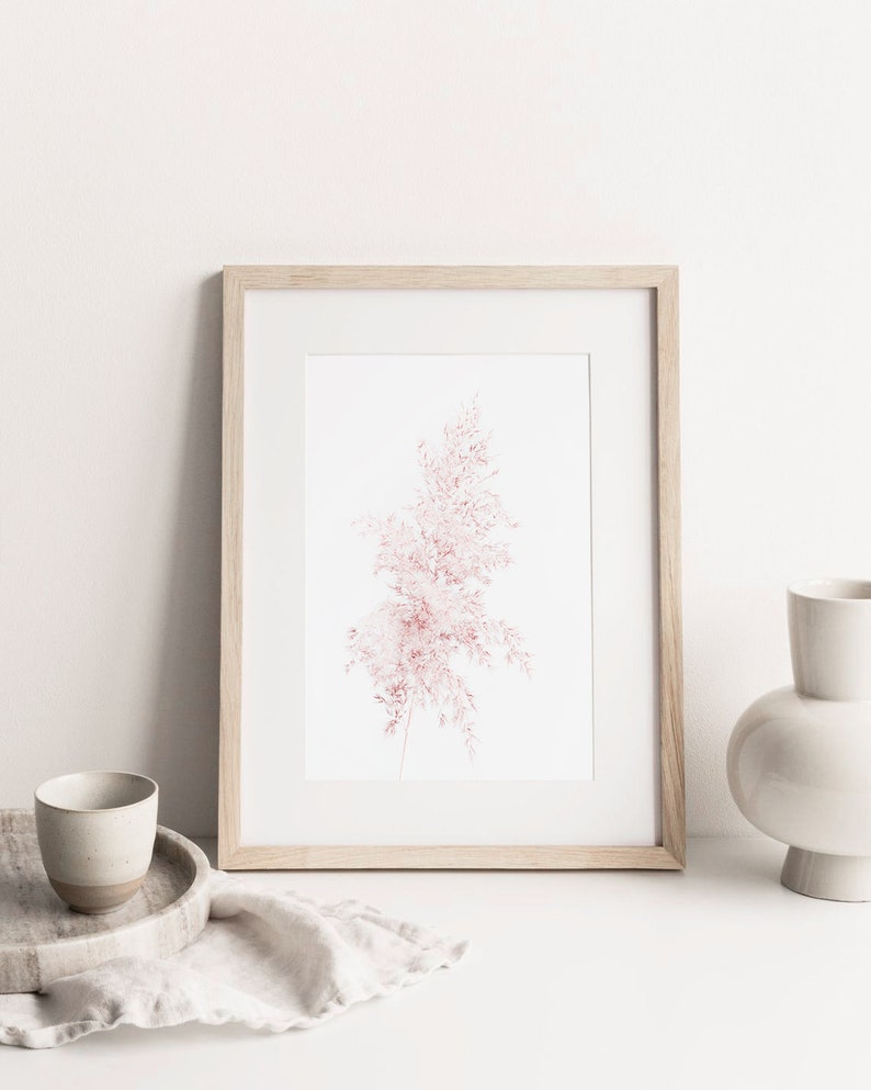 Puede incluir: Una impresi&oacute;n enmarcada de una delicada ilustraci&oacute;n floral rosa sobre un fondo blanco. La impresi&oacute;n est&aacute; en un marco de madera clara y se encuentra sobre una superficie blanca con un jarr&oacute;n de cer&aacute;mica blanca y una peque&ntilde;a taza de cer&aacute;mica blanca.