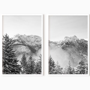 Mountain Set Of 2 Prints | Printable Nordic Landscape Art Print | Digital Misty Forest Print | Instant Download    #0016bw
