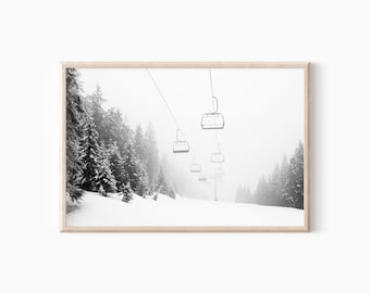 Ski Lift Print Black And White | Landscape Photo | Winter Wall Decor | Skiing Photography | Minimalist Print | Snowy Landscape #0400bw