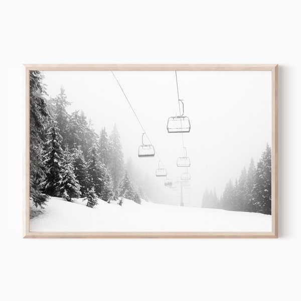 Ski Lift Print Black And White | Landscape Photo | Winter Wall Decor | Skiing Photography | Minimalist Print | Snowy Landscape #0400bw