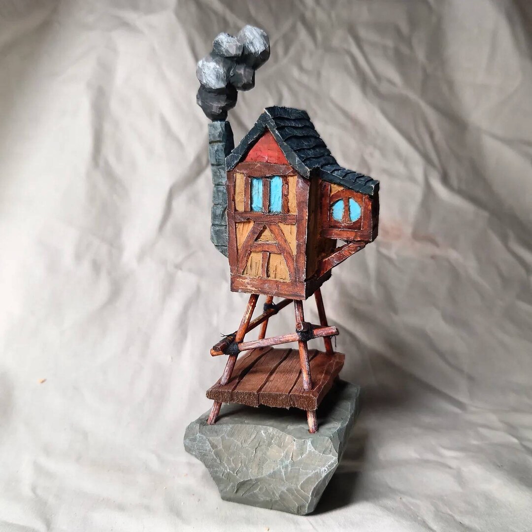 Timber Framed Stilt House Hand Carved, Desk Accessory, Whimsical, Fantasy Art, Timber Framed