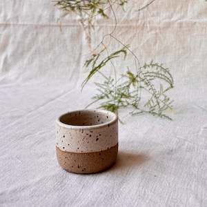 Può includere: Una piccola tazza di ceramica macchiata con una metà superiore beige chiaro e una metà inferiore marrone. La tazza è appoggiata su un tessuto bianco, con fogliame verde sullo sfondo. La tazza viene probabilmente utilizzata per bere.