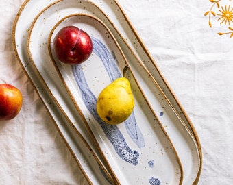 MADE TO ORDER - Trio Oval Serving Dishes, Platters with a blue brush on effect