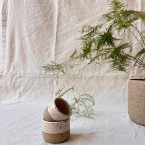 May include: Two small, cylindrical ceramic cups stacked on top of each other, featuring a speckled cream glaze on the upper half and a raw, textured brown clay base. A larger, matching speckled ceramic planter sits to the right.