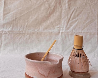Handmade Ceramic Matcha Bowl and Whisk Holder Set