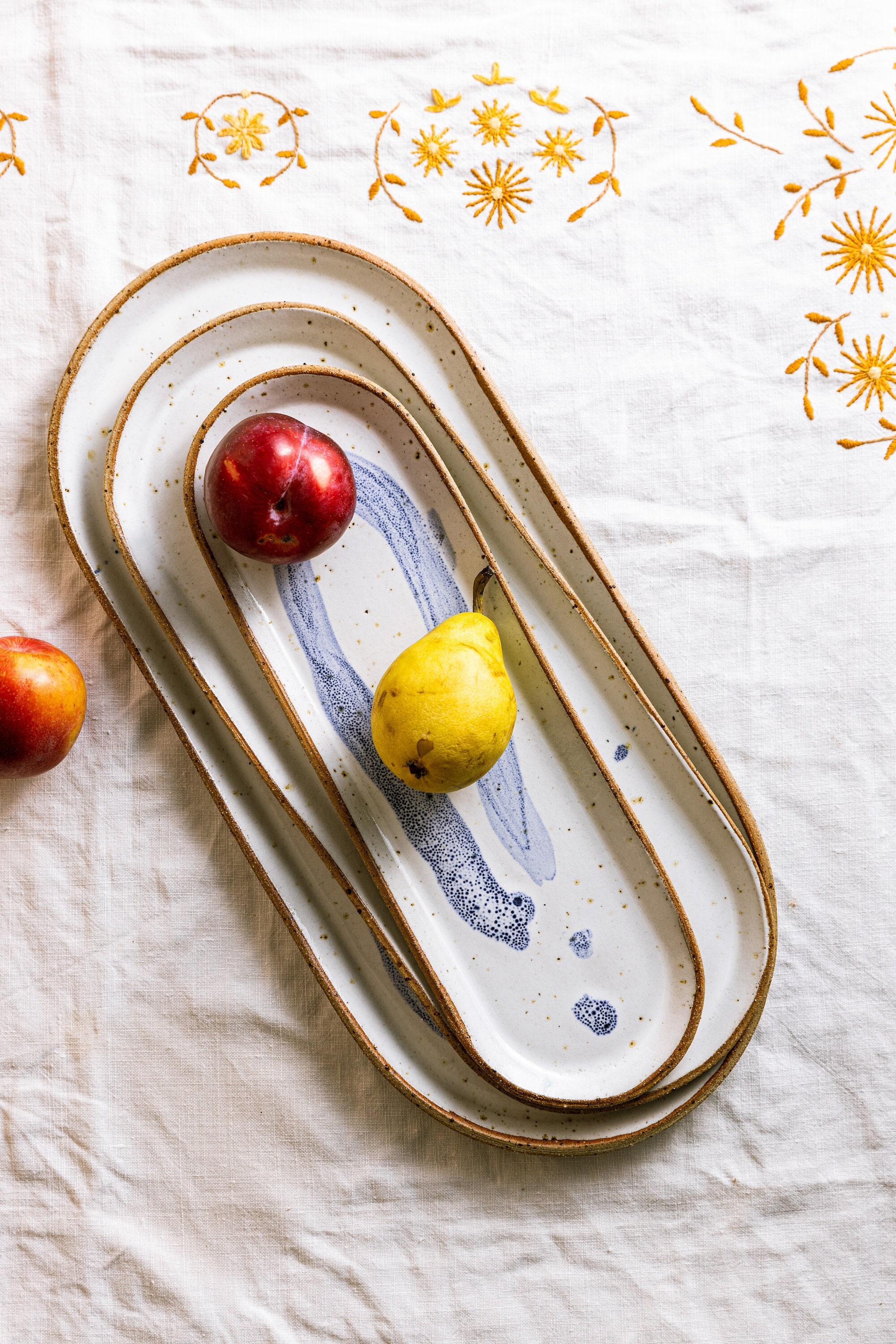 MADE TO ORDER - Trio Oval Serving Dishes, Platters with a blue brush on effect