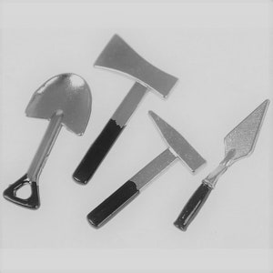 May include: Four miniature tools: a silver shovel, a silver axe with a black handle, a silver hammer with a black handle, and a silver trowel with a black handle.