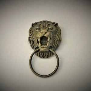 Könnte beinhalten: Ein bronzener Türklopfer in Form eines Löwenkopfes mit einem Ring zum Ziehen. Der Löwenmaul ist offen und die Zähne sind sichtbar.
