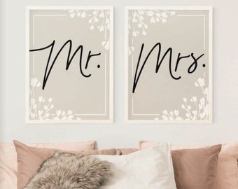Mr and Mrs wall art - Set for over the bed - Wood frame sign - Printed neutral floral design - Mix and match set - Master bedroom decor