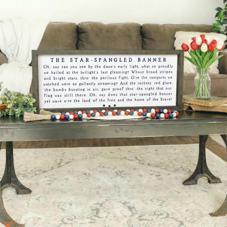 Star spangled banner hymn print - Rustic wood frame sign - Americana - Patriotic wall art decor image 1
