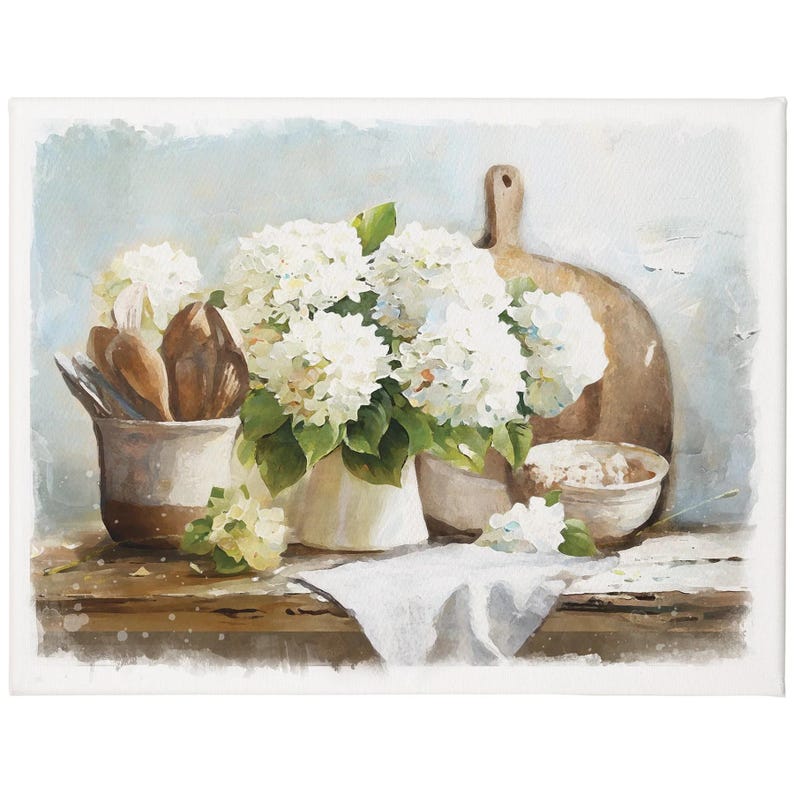 May include: Watercolor painting of a kitchen still life. A bouquet of white hydrangeas in a white vase sits next to a wooden cutting board and a bowl. Wooden spoons and utensils are in a ceramic container. A white cloth is draped on the wooden surface.