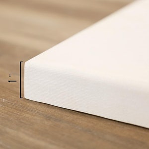 May include: Close-up of a white canvas stretched over a wooden frame. The canvas is 1 inch thick, with a textured surface. The image shows a corner of the canvas, highlighting its construction and material.