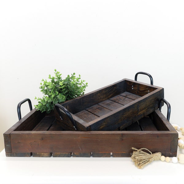 Rustic Wood Tray SET with Handles - Farmhouse Decor - Farmhouse Serving Trays - Dark Brown Stained Wood Trays with Handles - Tray Decor