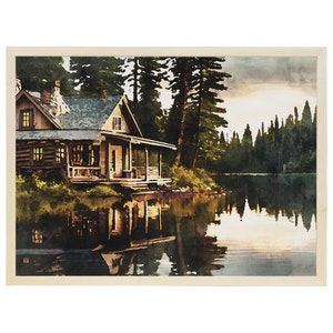 Cabin on a lake scene with forest - Majestic mountain print - Printed design on wood with wood frame - Cabin home house decor - Cabin art