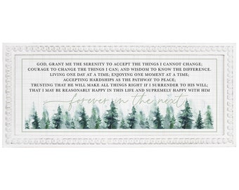Serenity Prayer Wall Art - Wood Sign with Beaded Frame - Scripture quote print - Green trees art - Inspirational wall art - Faith home decor