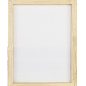 May include: A rectangular artist's canvas stretched over a light-colored wooden frame. The canvas is white, and the frame is made of unfinished wood. The canvas is secured to the frame with staples.