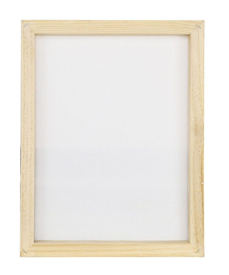 May include: A rectangular artist's canvas stretched over a light-colored wooden frame. The canvas is white, and the frame is made of unfinished wood. The canvas is secured to the frame with staples.