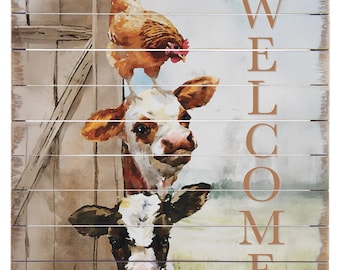 Stacked animals welcome - Cows and chicken - Rustic wood pallet sign - Watercolor print - Farm home decor