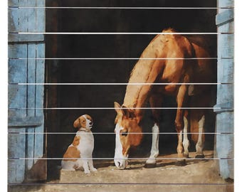 Horse and dog barn scene - Printed watercolor art work - Rustic wood pallet sign - Animal picture