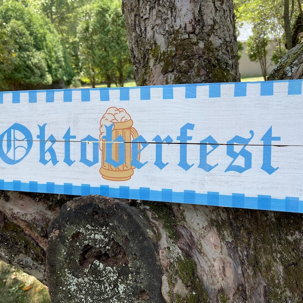 Wood Oktoberfest Sign OR Biergarten Sign - Rustic Wood Sign - Oktoberfest Party Decoration - Blue and White German Oktoberfest Theme Decor