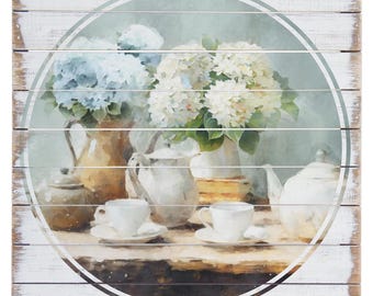 Hydrangea tea party - Watercolor print on rustic wood pallet sign - Teapots and teacups - Tea room decor - Kitchen wall art