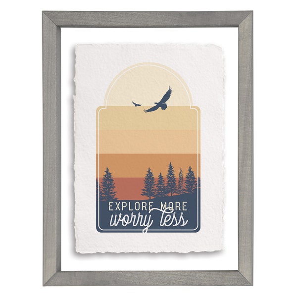 Explore more worry less sign - Floating Frame Wall Art - Inspirational Wall Decor - Tree and soaring eagle print - Explorer gift - Exploring