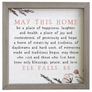 May this home be a place of happiness joy - Wood Frame Sign - Personalized House Blessing - Housewarming Gift - City & State