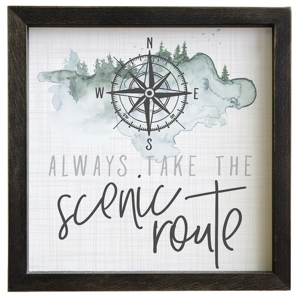 Always take the Scenic Route Wood Sign - 2 sizes - Rustic Wood Frame Sign - Compass Mountain Art Scene - Travel Traveler Gift - Lodge Decor