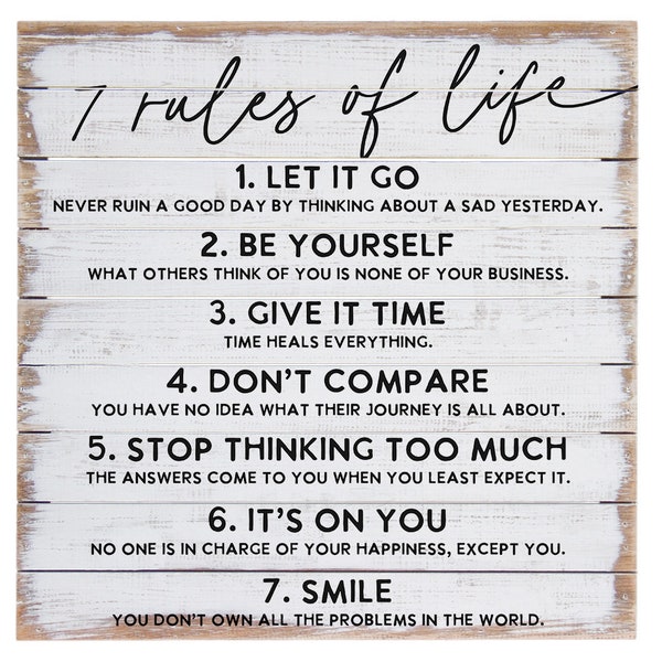 7 rules of life - Rustic wood farmhouse sign - Motivational art - Seven rules of Life - Let it go - Be yourself - Smile