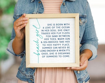 Beach girl - She is born with a love for the ocean - Beach decor - Wood framed beach sign - TWO sizes! - Happy place