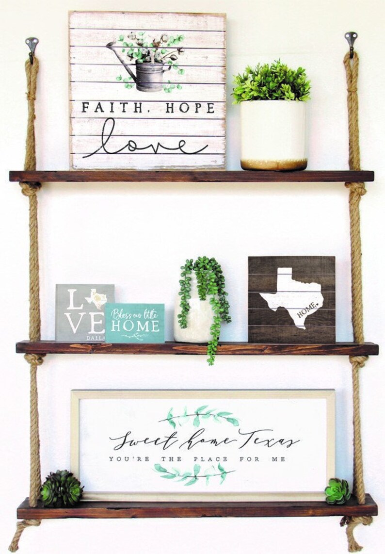 Rope Shelving Rope Shelf 3 Wood Shelves Rustic Wood Etsy